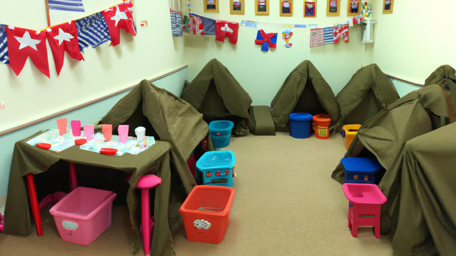 Crèche pour la garde d'enfants avec des tentes de style militaire