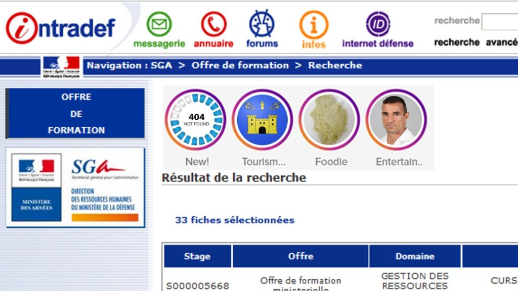 Fausse capture d'écran d'une recherche sur Intradef, le réseau du ministère des Armées, avec des stories New, Tourisme, Foodie et Entertainement