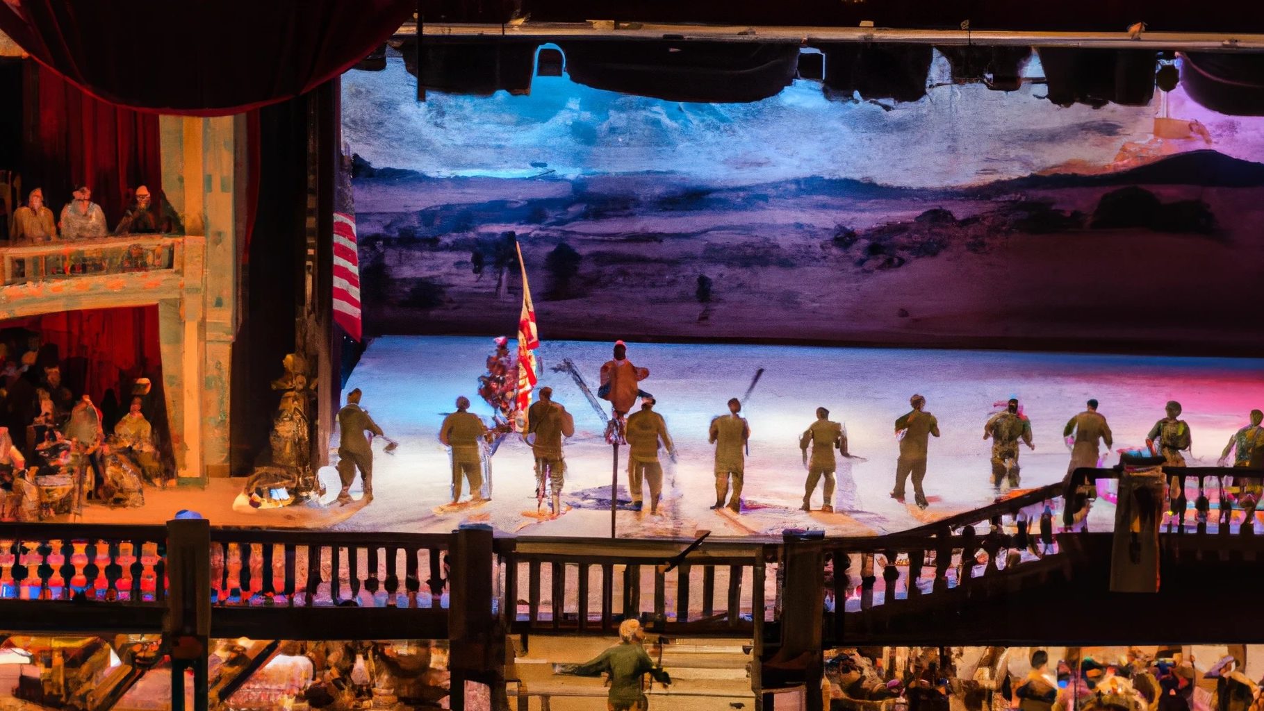 Soldats sur scène pour une comédie musicale