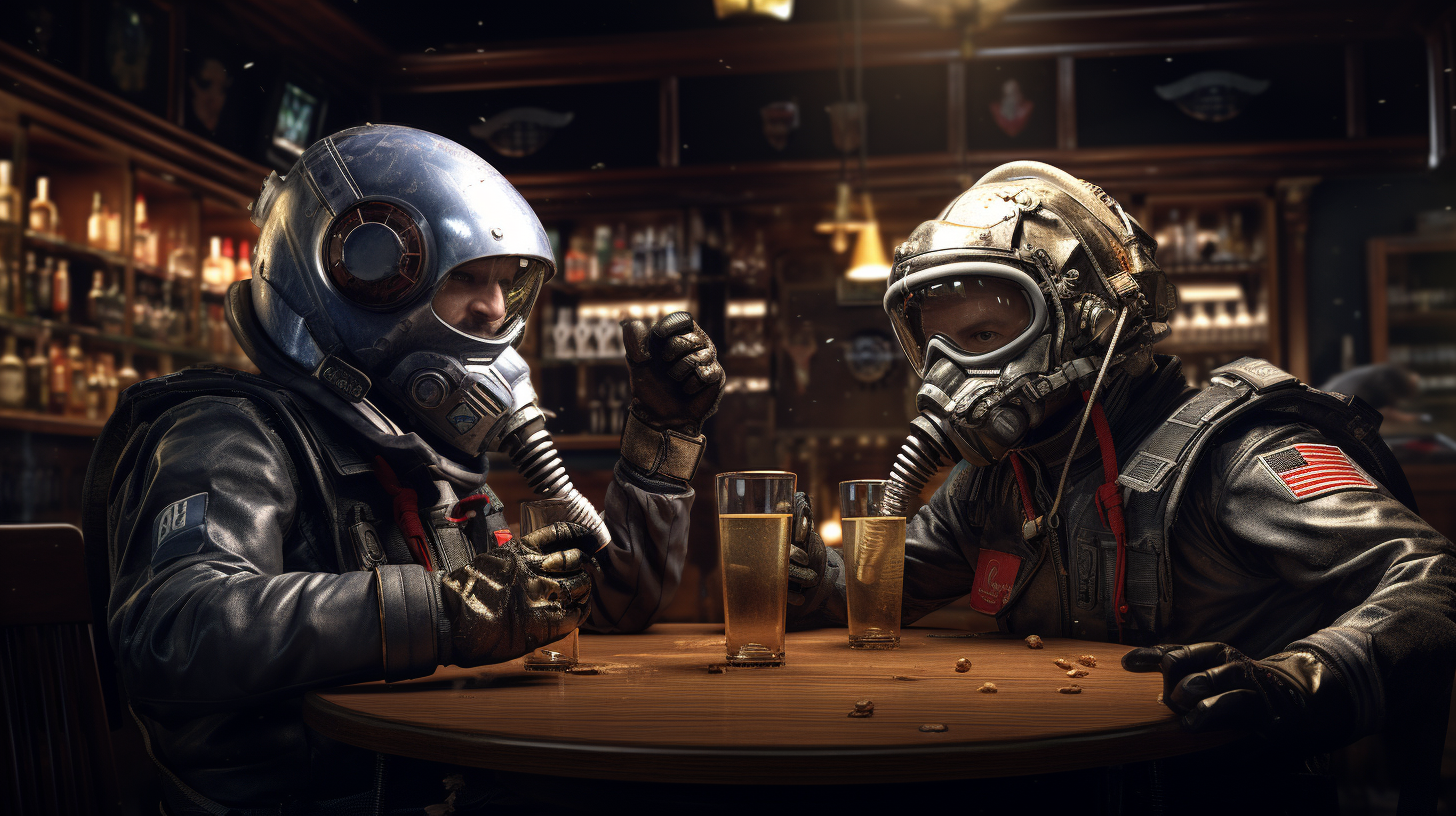 2 pilotes de chasse qui ont gardé leurs casques dans un pub. (Image généré par MidJourney)
